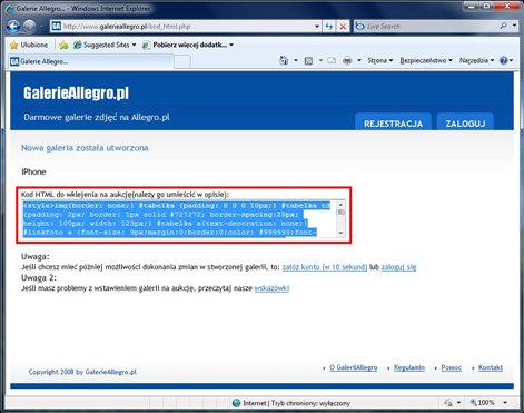 kod HTML do wstawienia na aukcję